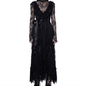 Black Lace Maxi Dress with Ribbon Waist